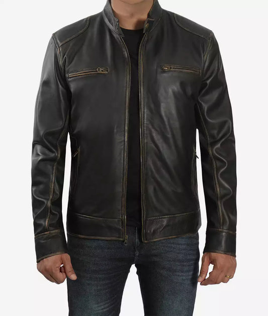Men's Tall Distressed Brown Biker Style Leather Jacket