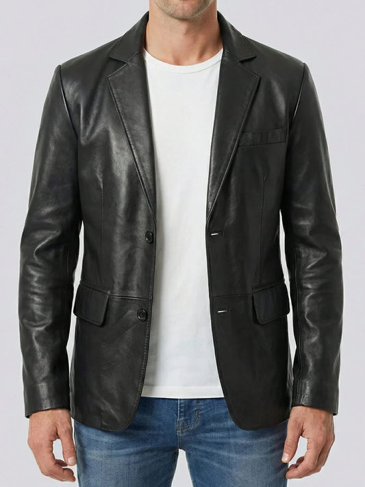 Men's Black Two-Button Leather Blazer