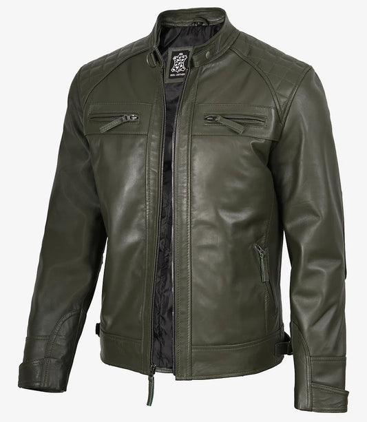 Mens Quilted Shoulder Olive Green Biker Leather Jacket