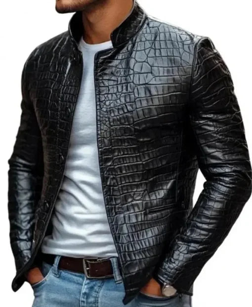 Men's Black Crocodile Pattern Leather Motorcycle Jacket