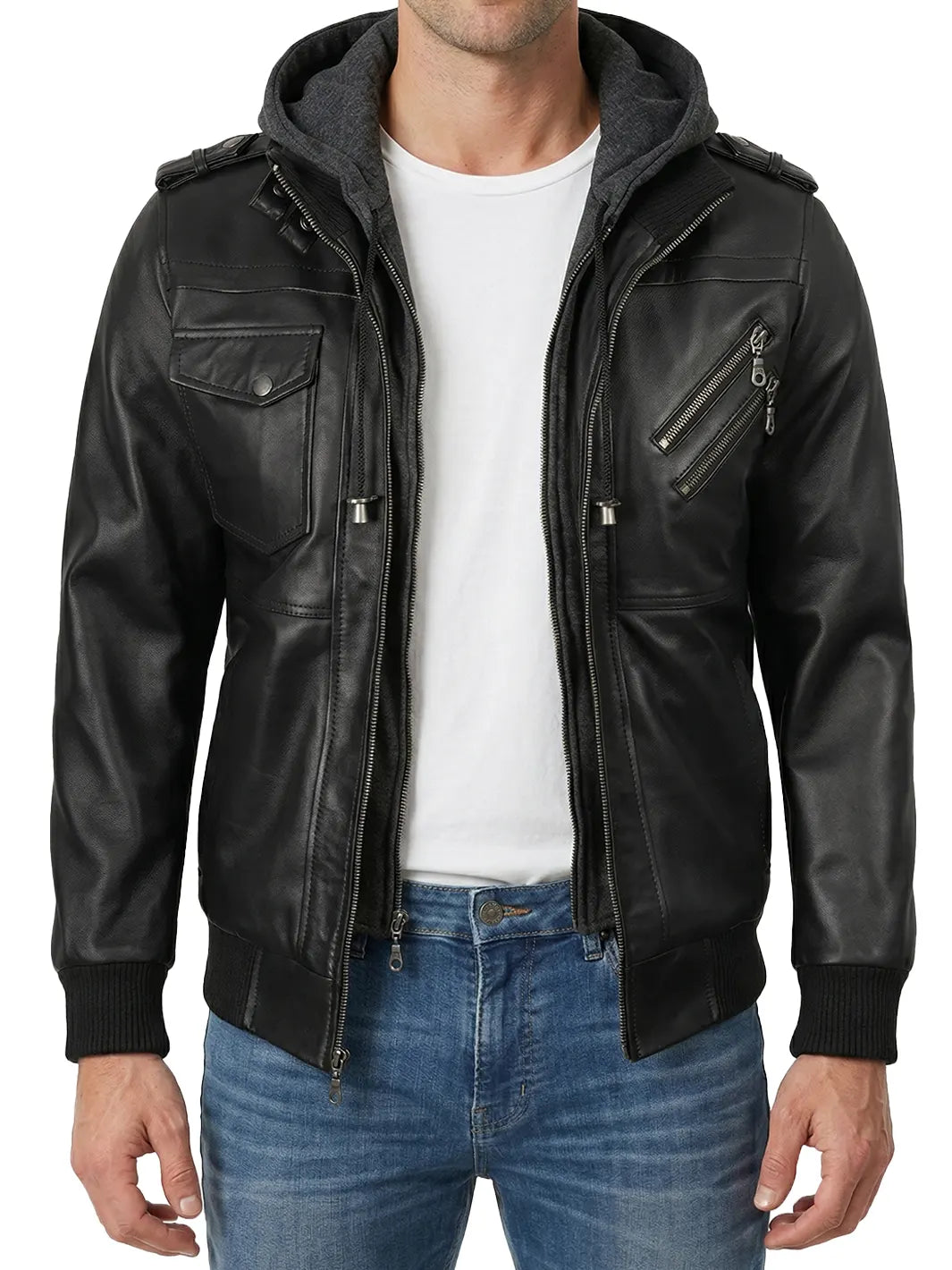 Men's Black Bomber Leather Jacket with Removable Hood