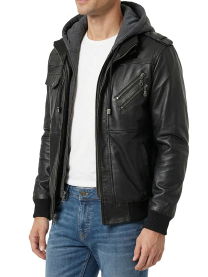 Men's Black Bomber Leather Jacket with Removable Hood