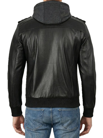 Men's Black Bomber Leather Jacket with Removable Hood