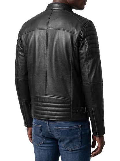 Men’s Black Cafe Racer Style Real Leather Jacket | Padded Shoulders