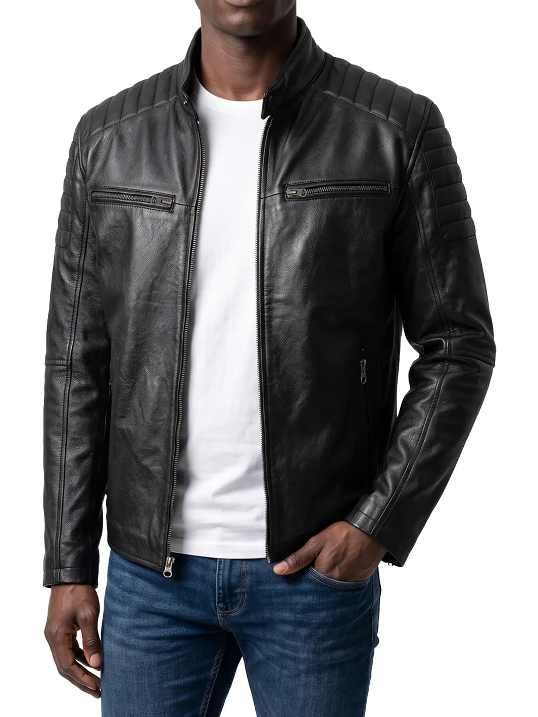 Men’s Black Cafe Racer Style Real Leather Jacket | Padded Shoulders