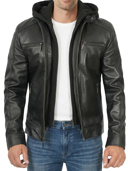 Merrill Men's Black Hooded Leather Jacket