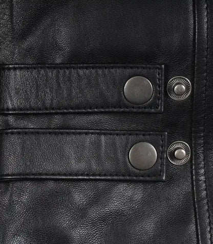 Men's Black Lambskin Leather Biker Style Jacket - White and Red Striped