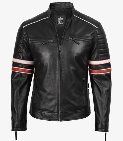 Men's Black Lambskin Leather Biker Style Jacket - White and Red Striped