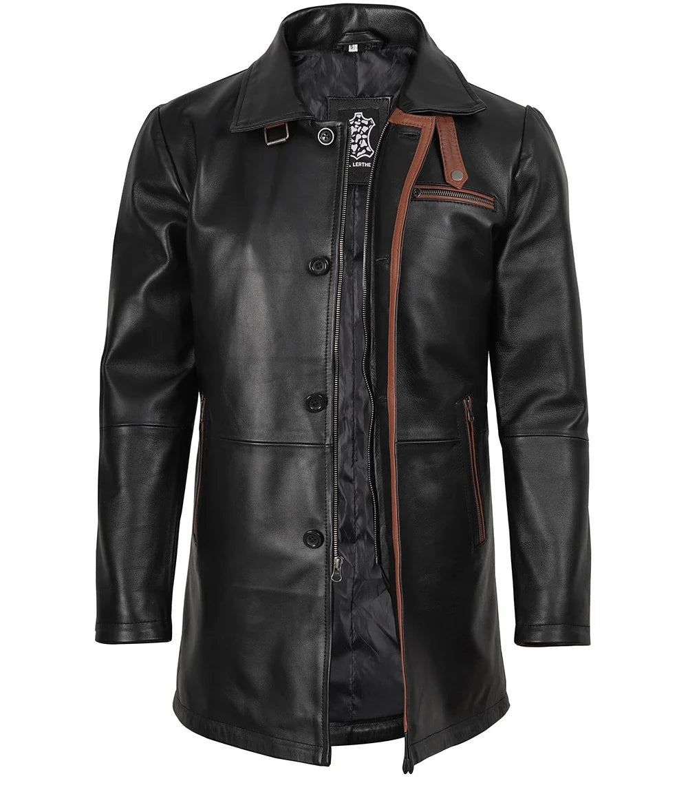 Men's Black Leather Car Coat with Brown Trim