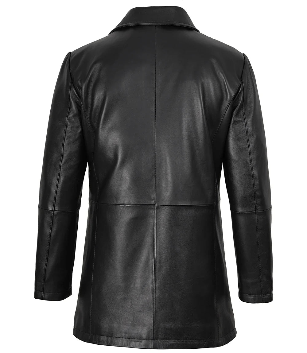 Men's Black Leather Car Coat with Brown Trim