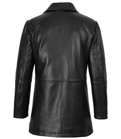 Men's Black Leather Car Coat with Brown Trim