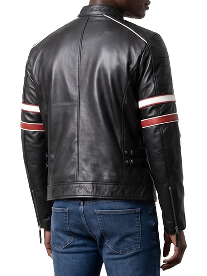 Men's Black Cafe Racer Style Leather Jacket - Red & White Stripes