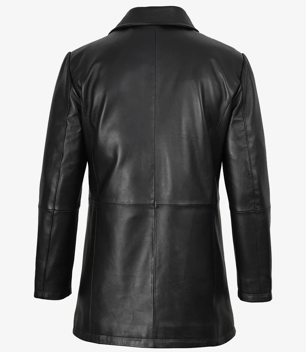Men's Black Leather Coat With Brown Detailing
