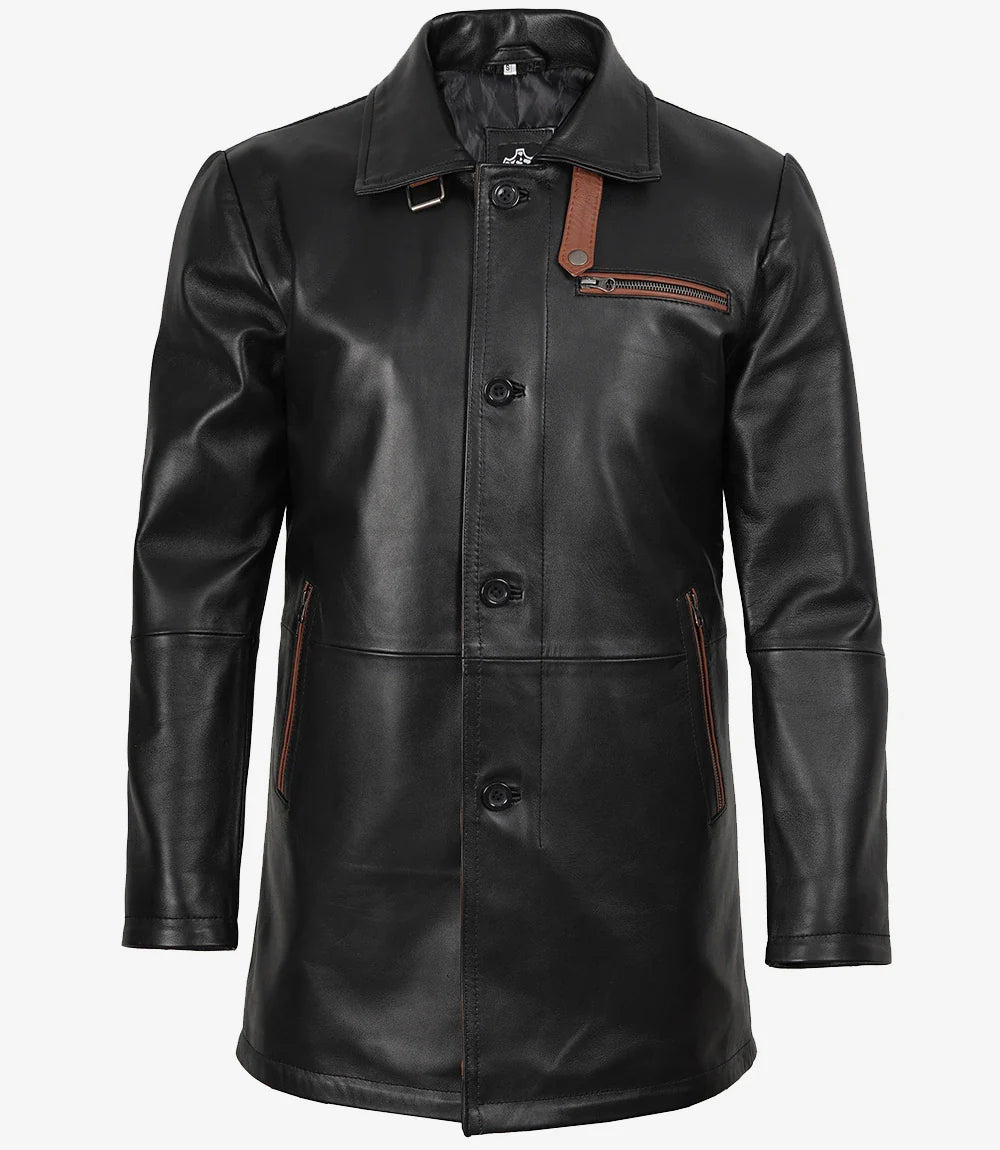 Men's Black Leather Coat With Brown Detailing