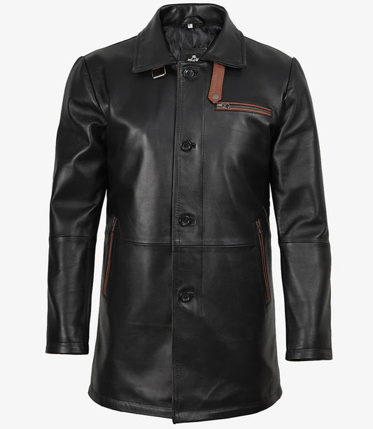 Men's Black Leather Coat With Brown Detailing