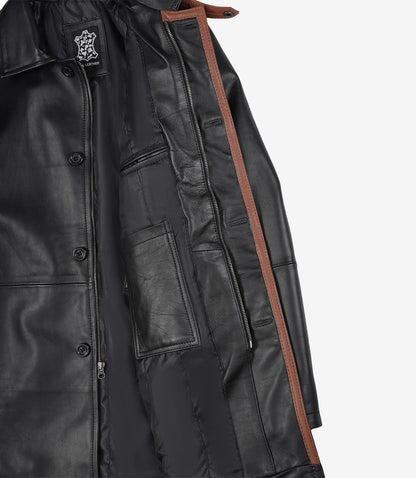Men's Black Leather Coat With Brown Detailing