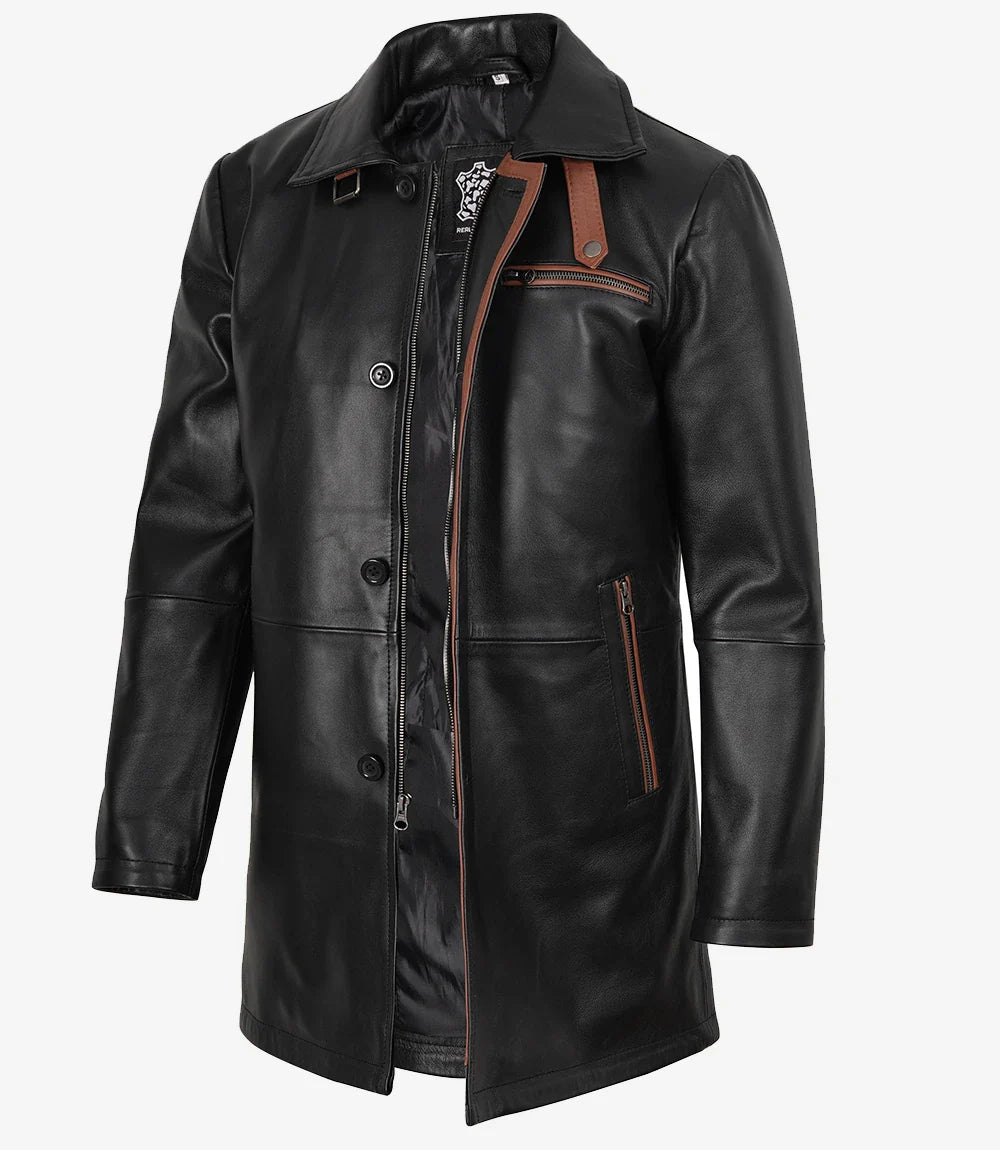 Men's Black Leather Coat With Brown Detailing