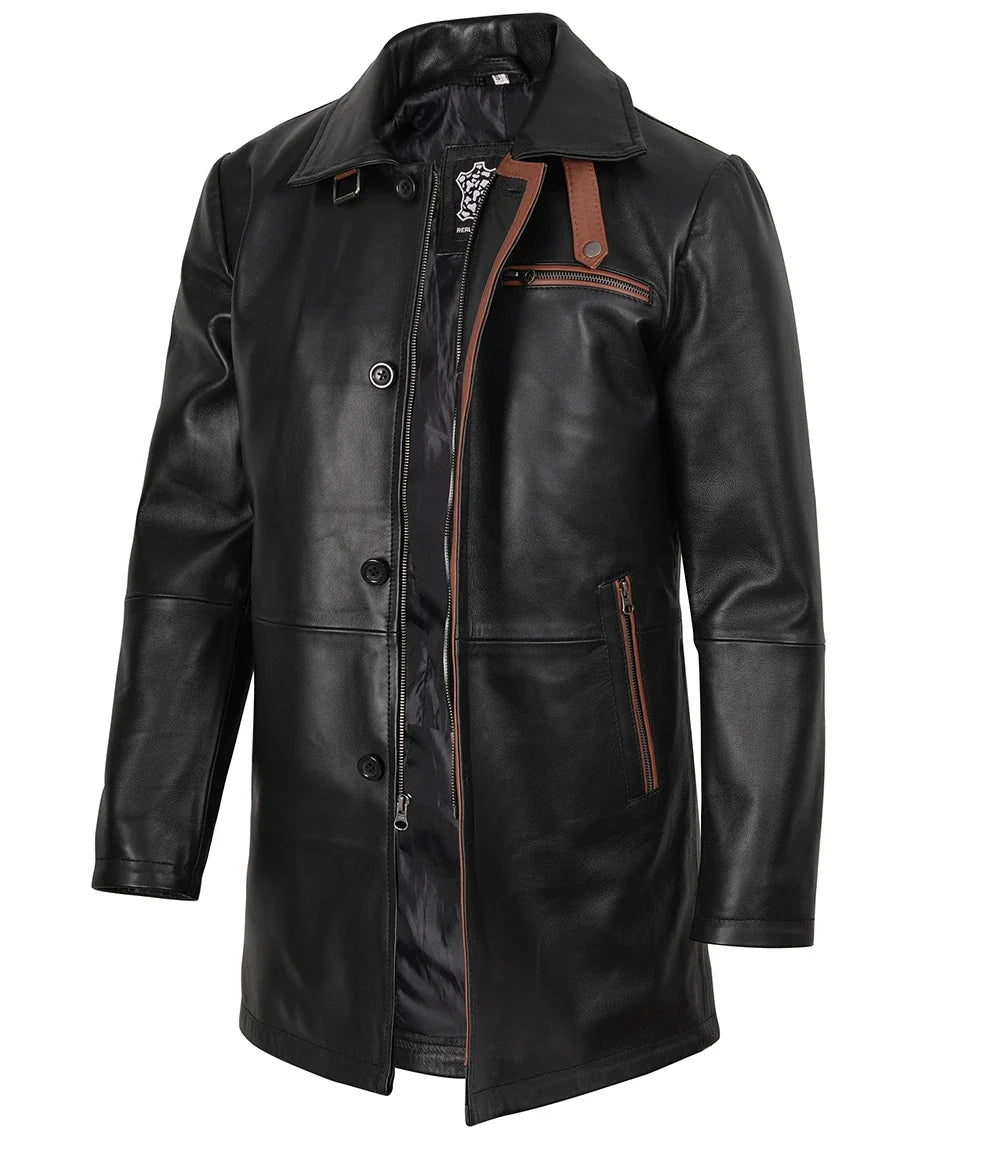 Men's Black Leather Car Coat with Brown Trim