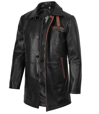 Men's Black Leather Car Coat with Brown Trim