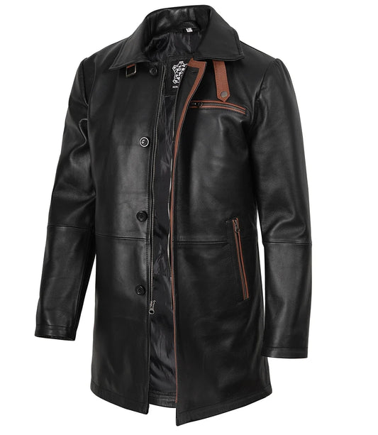 Men's Black Leather Car Coat with Brown Trim