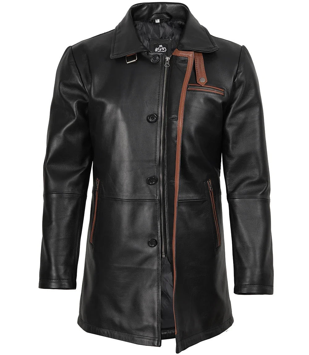 Men's Black Leather Car Coat with Brown Trim