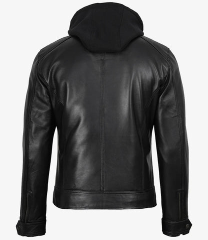 Men's Black Leather Jacket with Removable Hoodie