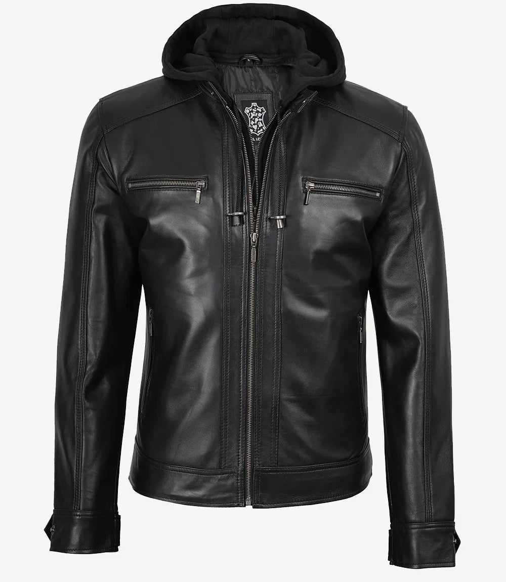 Men's Black Leather Jacket with Removable Hoodie