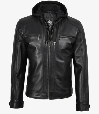 Men's Black Leather Jacket with Removable Hoodie
