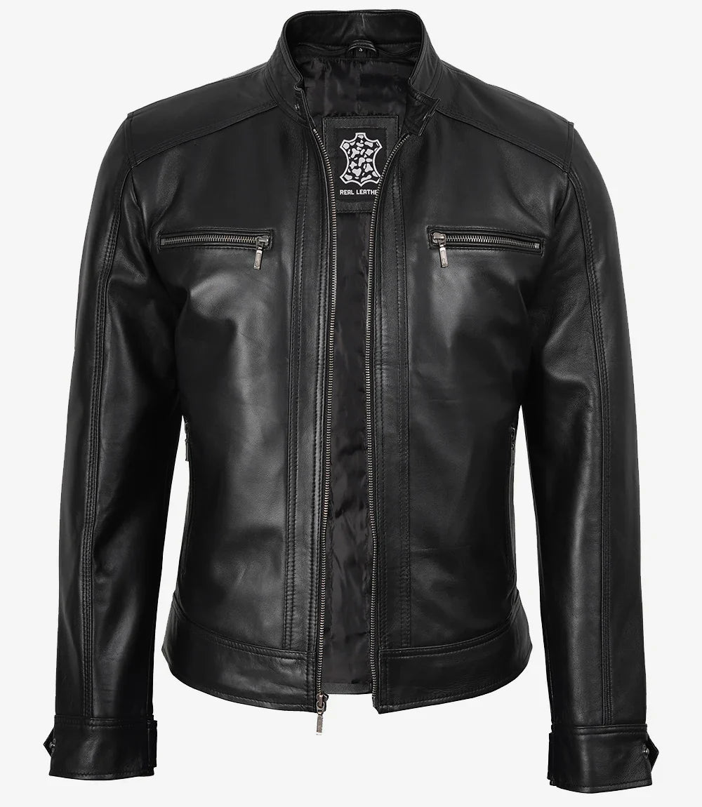 Men's Black Leather Jacket with Removable Hoodie