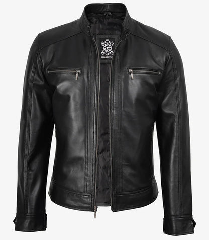 Men's Black Leather Jacket with Removable Hoodie