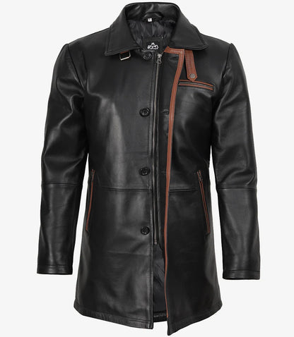 Men's Black Leather Coat With Brown Detailing