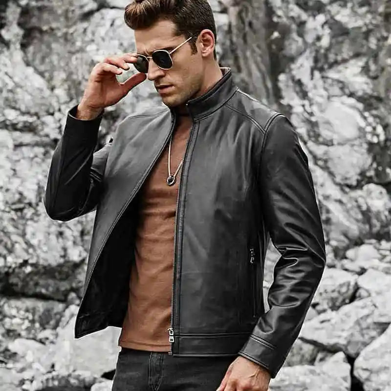 Men's Real Black Leather Jacket with Short Standing Collar Max Jackets