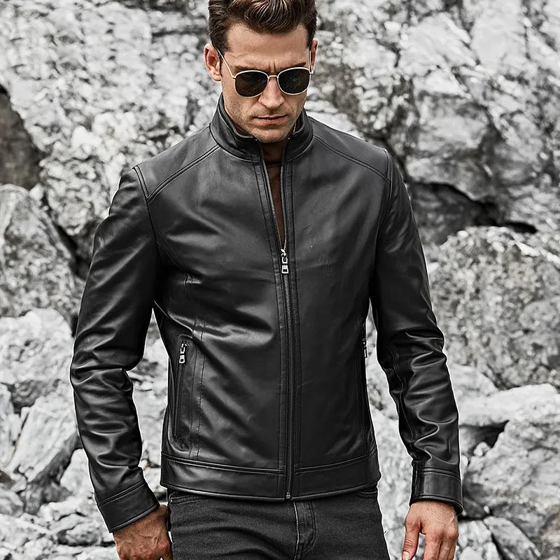 Men's Real Black Leather Jacket with Short Standing Collar Max Jackets