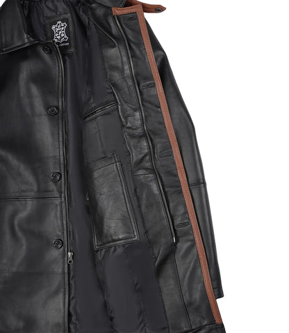Men's Black Leather Car Coat with Brown Trim