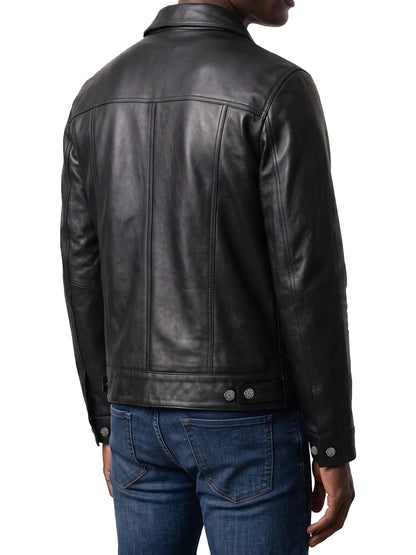 Fernando Mens Black Real Leather Trucker Jacket