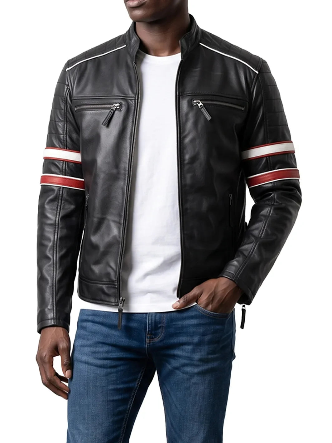 Men's Black Cafe Racer Style Leather Jacket - Red & White Stripes