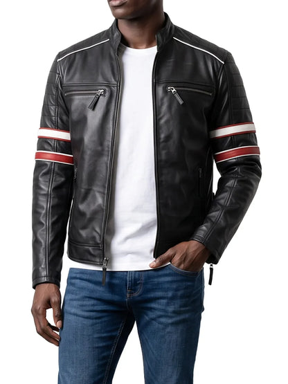Men's Black Cafe Racer Style Leather Jacket - Red & White Stripes