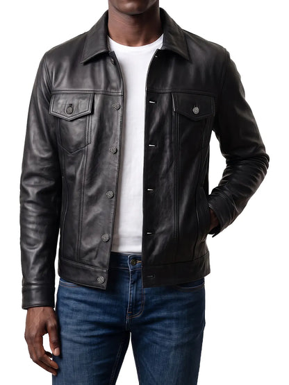 Fernando Mens Black Real Leather Trucker Jacket