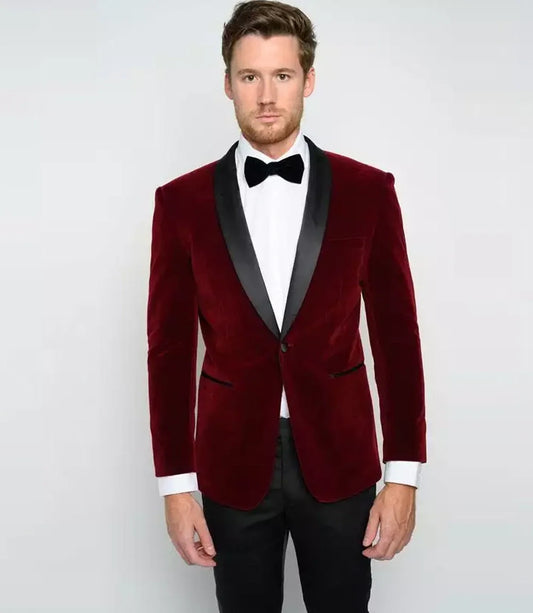 Mens Black Shawl Lapel Maroon Velvet Tuxedo - Mens Maroon Wedding Tux
