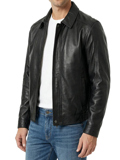 Men’s Black Shirt Collar Style Real Leather Jacket