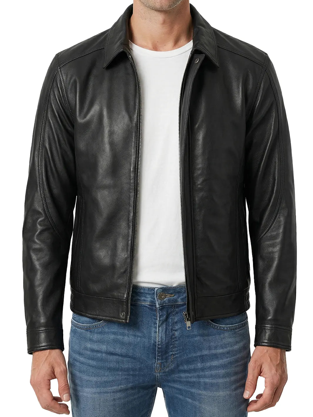 Men’s Black Shirt Collar Style Real Leather Jacket