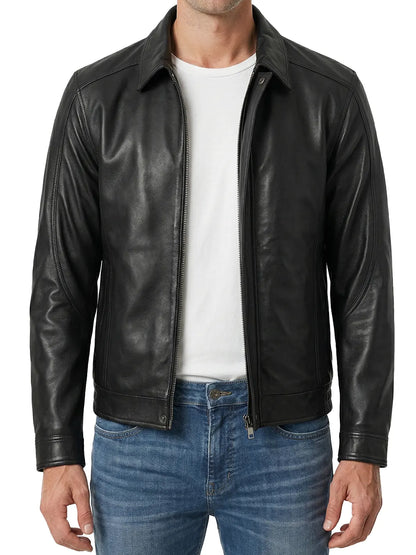 Men’s Black Shirt Collar Style Real Leather Jacket