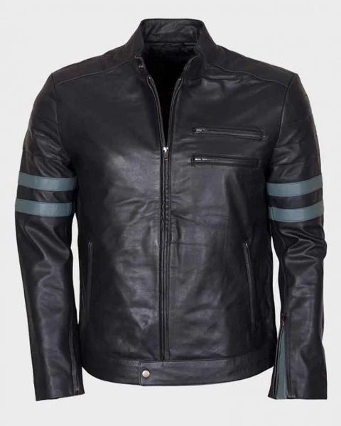 Men's Blue Stripe Mayhem Retro Black Biker Leather Jacket Max Jackets
