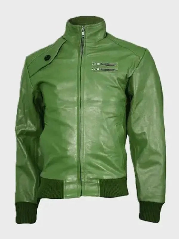 Mens Green Bomber Leather Jacket Max Jackets