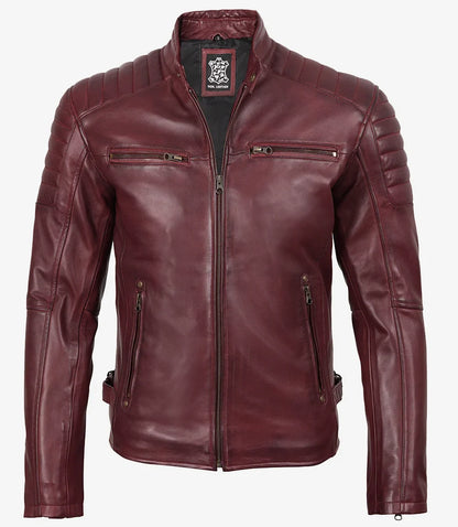 Men's Burgundy Biker Style Leather Jacket