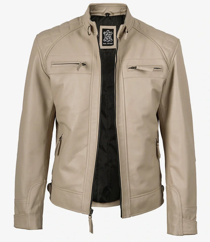 Men's Biker Style Beige Leather Jacket - Quilted Shoulder