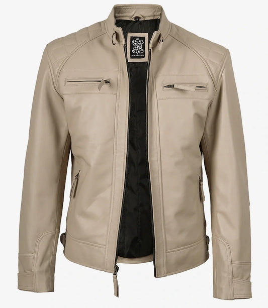 Men's Biker Style Beige Leather Jacket - Quilted Shoulder