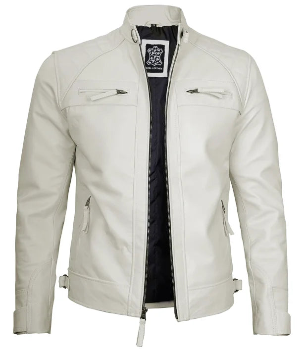 Mens Off White Cafe Racer Leather Jacket | Quilted Detailing Max Jackets
