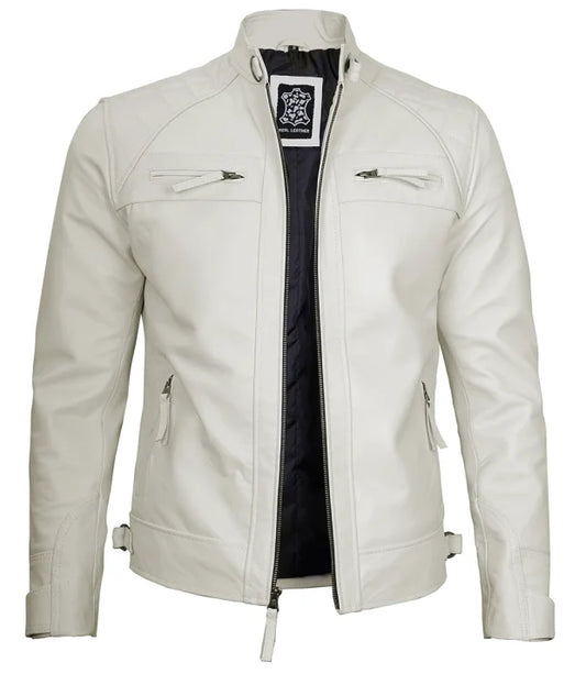 Mens Off White Cafe Racer Leather Jacket | Quilted Detailing Max Jackets