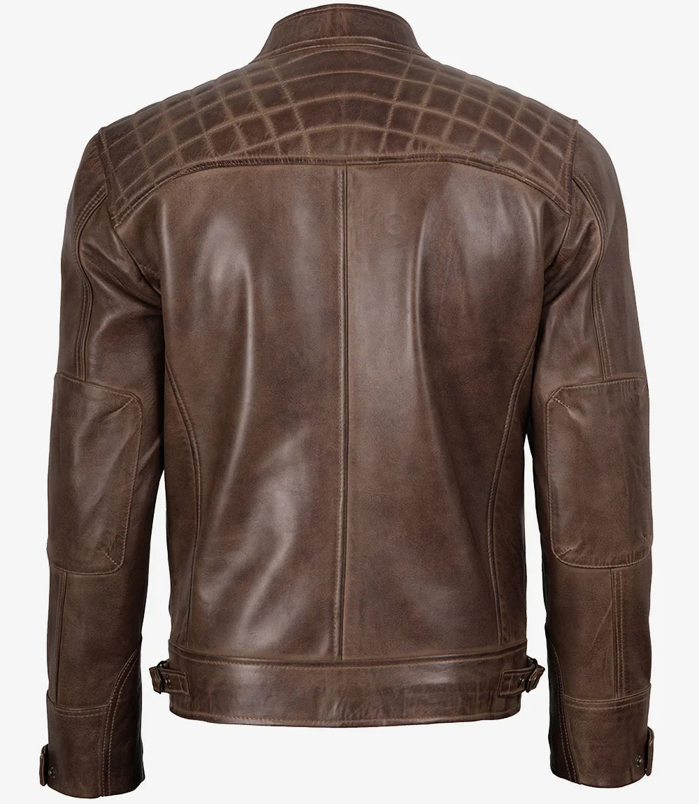 Men's Chocolate Brown Biker Style Leather Jacket - Quilted Shoulders
